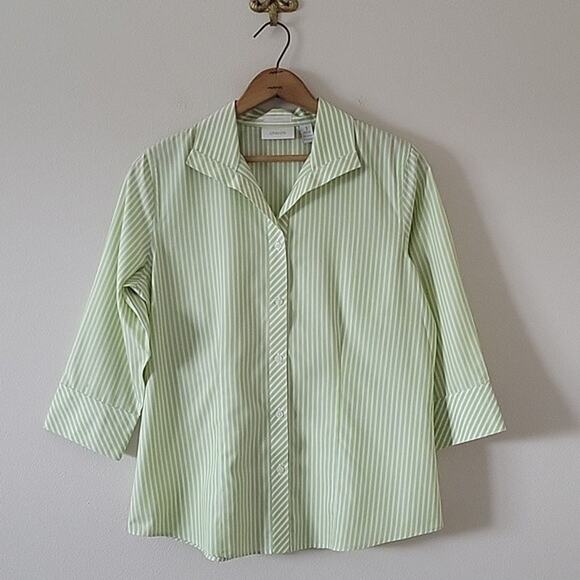 Chico's Lime/White Striped 3/4 Sleeve No Iron Button Front Blouse Size Medium M - Picture 1 of 7